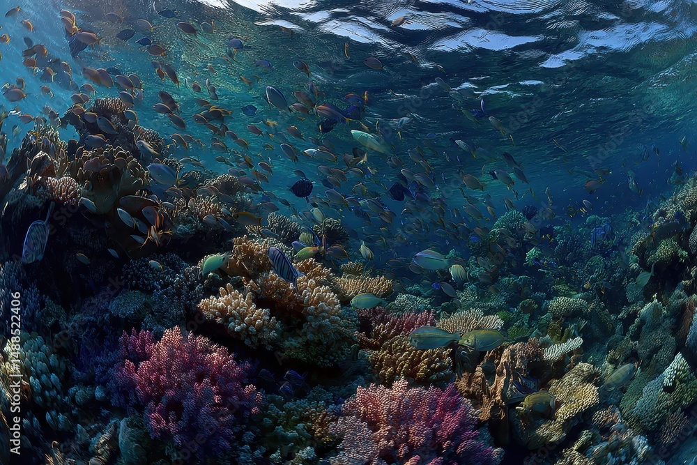 Fototapeta premium Underwater world of colorful reefs teeming with fish and coral life