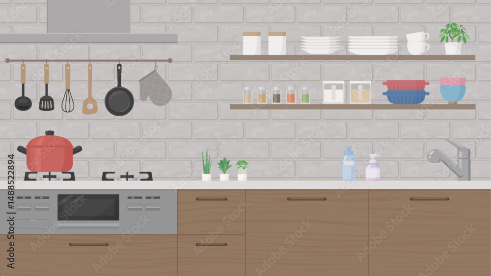Fototapeta premium おしゃれなキッチンの背景イラスト_グレー_16:9