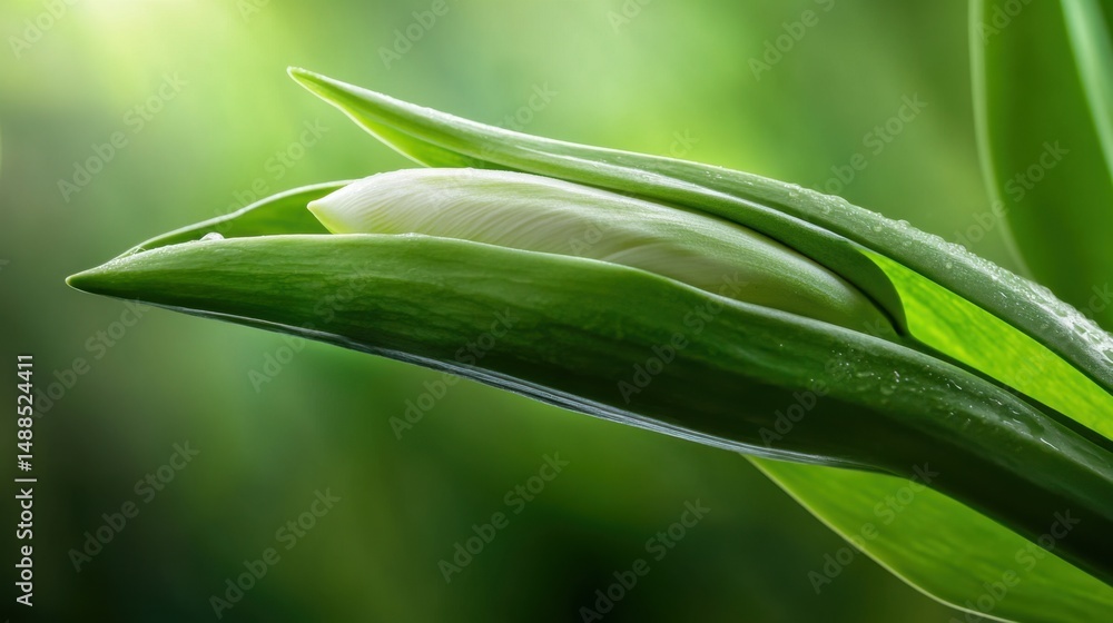 Obraz premium A delicate tulip bud hidden among lush green leaves catches the morning light, creating a tranquil atmosphere in a vibrant garden. Nature's beauty is on full display