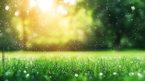 A serene landscape featuring lush green grass illuminated by warm sunlight. Soft bokeh creates a dreamy atmosphere, enhancing the natural beauty and tranquility of the scene.