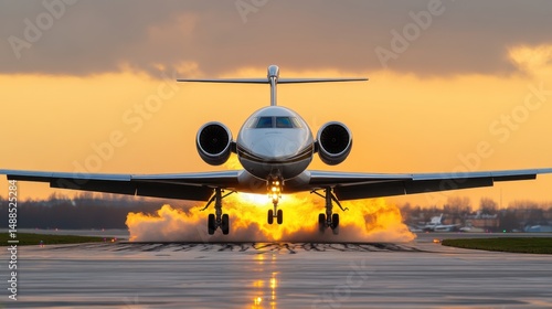 A private jet launches into the evening sky, engines roaring and a golden sunset lighting up the scene. The airport runway is visible, creating a dynamic backdrop for the flight