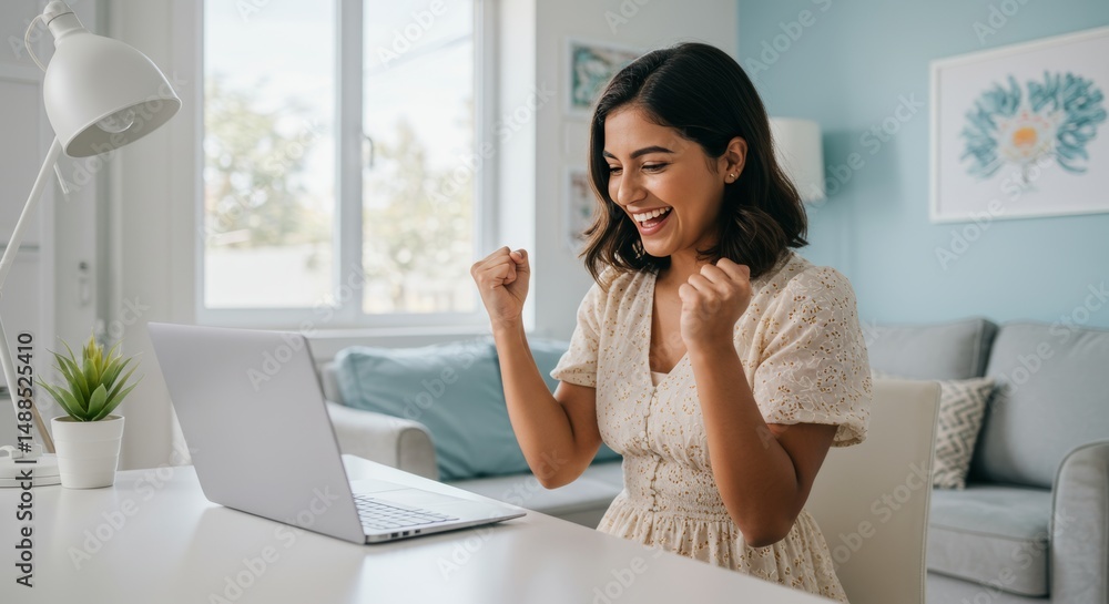 Young Hispanic woman celebrating success while using laptop at home, with bright living room decor and natural light creating a cheerful atmosphere Young Hispanic woman celebrating success while using laptop at home, with bright living room decor and natural light creating a cheerful atmosphere