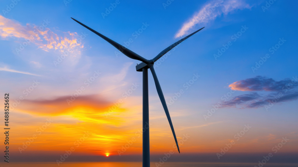 A wind turbine stands tall against a stunning sunset with vibrant colors reflecting on the water. The scene captures the essence of renewable energy and nature's beauty A wind turbine stands tall against a stunning sunset with vibrant colors reflecting on the water. The scene captures the essence of renewable energy and nature's beauty