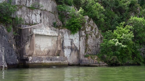Trajan's Tableau (Tabula Traiana) seen from the boat in the Danube Cauldrons, 4k