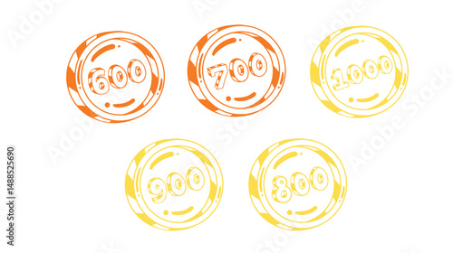 set of gold coin cent money number 700, 800, 900, 600, 1000 line art set