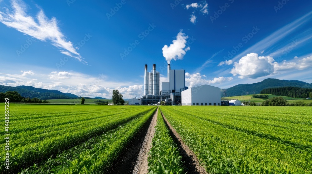 A large industrial facility stands amidst expansive green fields. The sky is bright with scattered clouds, while farmer's paths lead through the crops A large industrial facility stands amidst expansive green fields. The sky is bright with scattered clouds, while farmer's paths lead through the crops