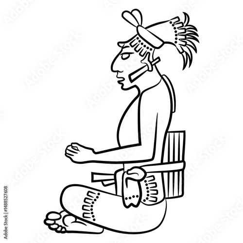 Seated Mayan man. Ethnic Native American pre Columbian design. Black and white linear silhouette.