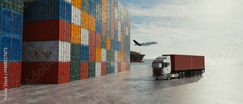 Side view of cargo containers stacked at seaport with ship and truck..