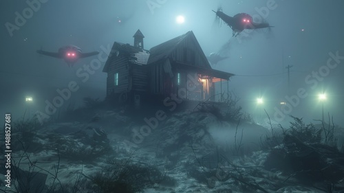 Abandoned House Under Surveillance - A desolate house shrouded in fog, watched over by mysterious flying objects under a dim moon