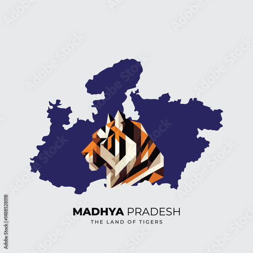 Indian State Madhya Pradesh silhouette Vector Map with Statue of a Tiger, double exposer style suitable for Madhya Pradesh Foundation day