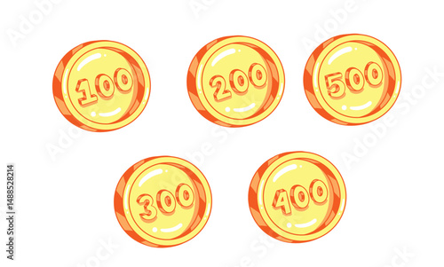 set of gold coin cent money number 100, 200, 300, 400, 500
