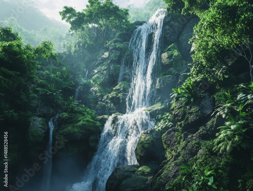 Majestic waterfall cascading through lush tropical forest in the early morning light