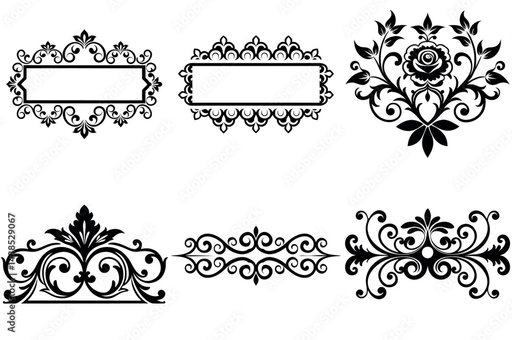 Naklejka premium Collection of ornamental design elements including frames, floral arrangements, and border silhouettes designs