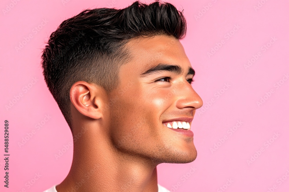 Obraz premium Pink solid background. Concept art of style for aging men. Modish men's textured crop haircut - midlife white man with black hair. A graceful mature man with a modern hairstyle.