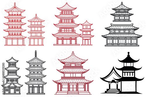 Collection of Japanese Pagodas and Buddhist Temples in Various Styles
