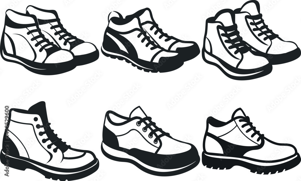 Collection of Black and White Sneaker and Boot Illustrations in Various Styles Collection of Black and White Sneaker and Boot Illustrations in Various Styles