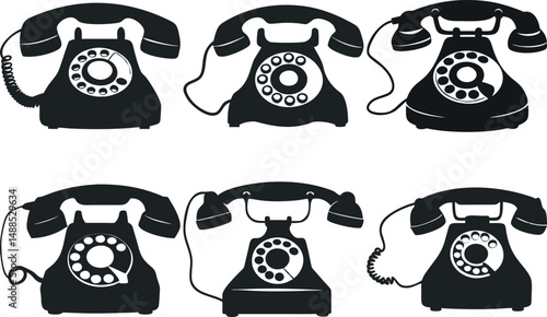 Collection of Vintage Rotary Dial Telephones in Silhouette Style