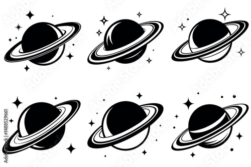Saturn planet illustrations, set of space scenes vector silhouettes