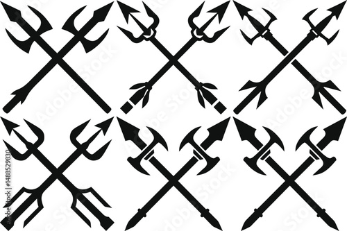 Six Stylized Crossed Trident Designs on a White Background in Vector silhouette Format
