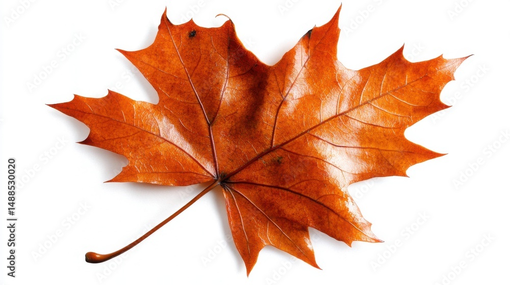Obraz premium A vibrant orange maple leaf rests against a clean white background, highlighting its unique shape and texture. The intricate veins and crisp edges demonstrate the beauty of fall foliage