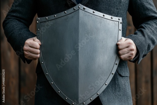 Man holding metal shield in front.