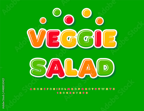 Vector Colorful template Veggie Salad. Joyful Glossy Font. Decorative Alphabet Letters and Numbers set.