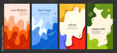 Vector illustration. Colorful childish background. Hand drawn wavy shapes, scribbles and lines. Design elements for flyer, voucher, coupon, leaflet, vertical banner. Trendy abstract colorful style