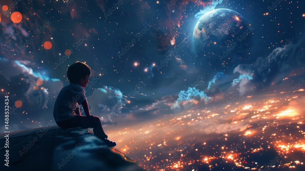 Child Dreamscape Night Sky Wonder - A young child sits on a ledge, gazing at a breathtaking night sky filled with stars, a distant planet, and a city glowing below, symbolizing dreams, wonder Child Dreamscape Night Sky Wonder - A young child sits on a ledge, gazing at a breathtaking night sky filled with stars, a distant planet, and a city glowing below, symbolizing dreams, wonder