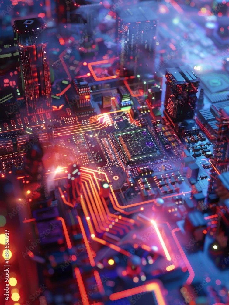 Circuit Cityscape Motherboard - Futuristic city, glowing circuits, technological advancement, electronic pathways, vibrant energy Circuit Cityscape Motherboard - Futuristic city, glowing circuits, technological advancement, electronic pathways, vibrant energy