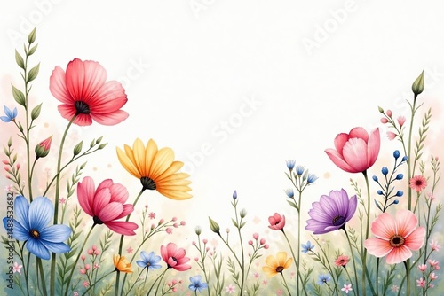 Delicate watercolor wildflowers, soft pastel shades, texture, background
