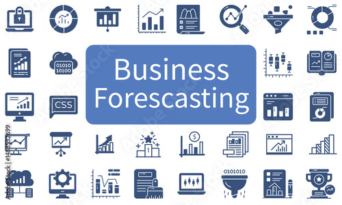 Business forecasting icon collection set. Containing prediction, analyze, data, trend, budgeting, accuracy, strategy icon set vector