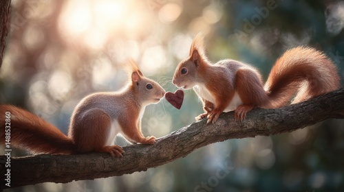 Red squirrels share a heart-shaped chocolate on a sunny forest branch, celebrating love and connection in nature photo