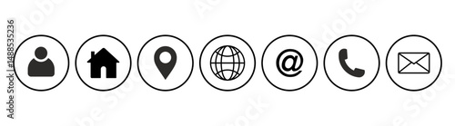 Phone, Email, Location, Home, User icon Set. Web Kontakt Symbole set isolated white background. Essential Contact Icons for Websites and Apps – User Home Location Web Email Phone Symbols
