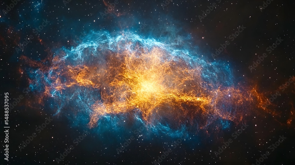 Obraz premium A breathtaking nebula radiates brilliant orange-yellow light from its core, enveloped by ethereal blue clouds amidst a star-studded canvas. Astronomy and Galaxy backgrounds.