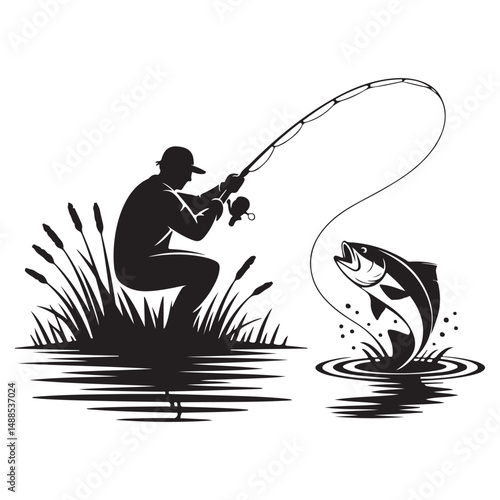 Fisherman Hooking Bass Vector Lake Scene