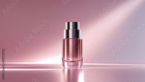 A sleek rose-gold perfume bottle is showcased in a studio with a soft, gradient backdrop.