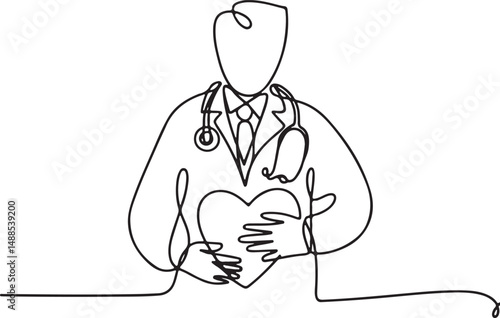  one line drawing of a doctor with stethoscope placing hand on heart icon, symbolizing compassion and modern healthcare services