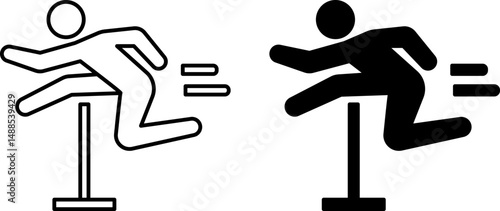 Hurdle Icons. Black and White Vector Illustration. Athlete Jumping Over Hurdle. Competition, Sport. Running Concept
