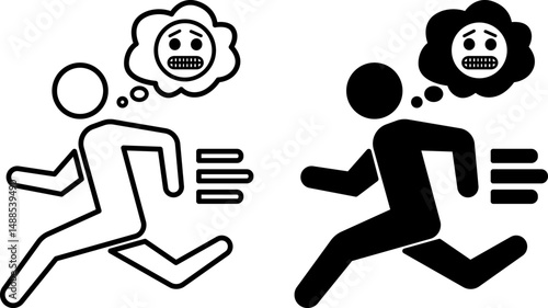 Run Away Icons. Black and White Vector Illustrations. Scared Man Running Away Fast. Running Concept