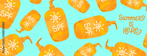Summer is here. Summer background with SPF sunscreen on a bright blue backdrop. Design for banner, background, flyer, or promotional materials.