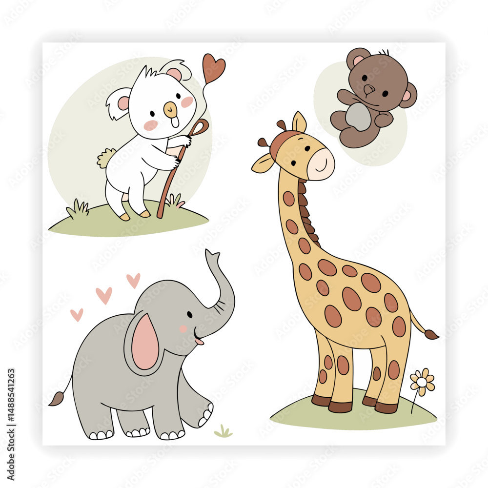 Obraz premium Cute Animal Faces Hand Sketched Doodle Vector