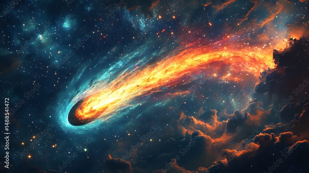 Obraz premium A vibrant comet streaks across a star-filled cosmos, its fiery tail painting the void with breathtaking colors. A dramatic celestial event captured beautifully. Astronomy and Galaxy backgrounds