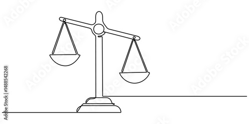 One Line Drawing of a Justice Scale, Minimalist Illustration Representing Equity and Justice, Libra symbol in single line draw illustration. balance, law, justice, court, weight. Editable stroke.