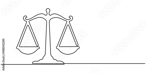 One Line Drawing of a Justice Scale, Minimalist Illustration Representing Equity and Justice, Libra symbol in single line draw illustration. balance, law, justice, court, weight. Editable stroke.