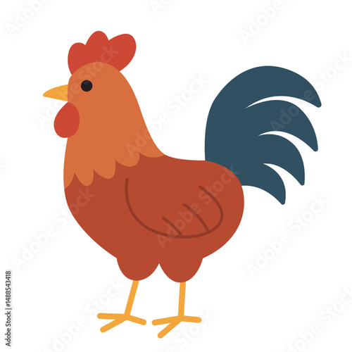 Cute rooster with a bright red comb suitable for children's books, farm related designs, or Chinese zodiac themed projects, featuring a proud stance