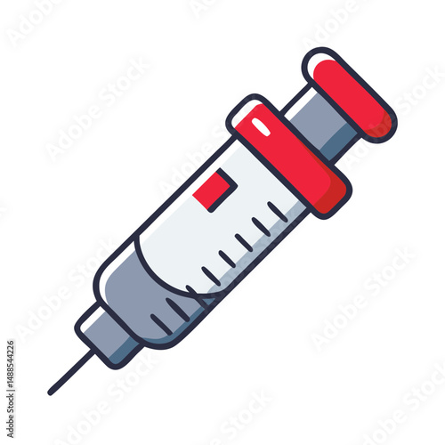 Medical syringe illustration in a flat design with red accents  