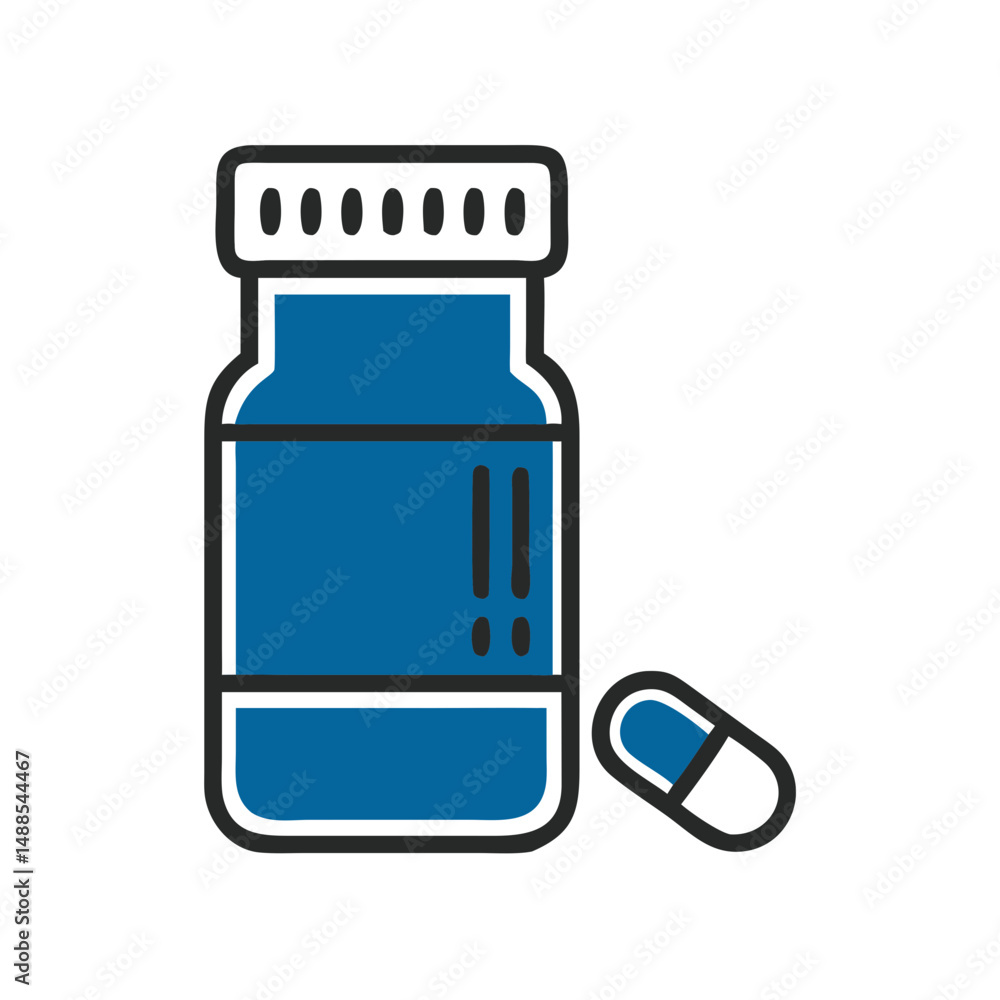 Prescription bottle with blue label and pill beside it Prescription bottle with blue label and pill beside it