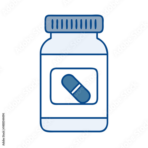 Medicine bottle with blue capsule label in flat design style  