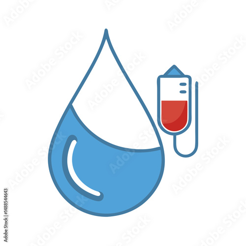 Blood drop icon with medical syringe in blue and red colors  