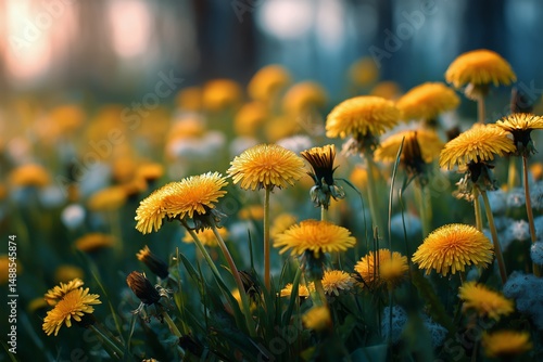 Vibrant Dandelions Basking in Golden Sunlight During Springtime in a Meadow